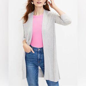 LOFT Heathered Grey Ribbed Open Front Long Sleeve Cardigan